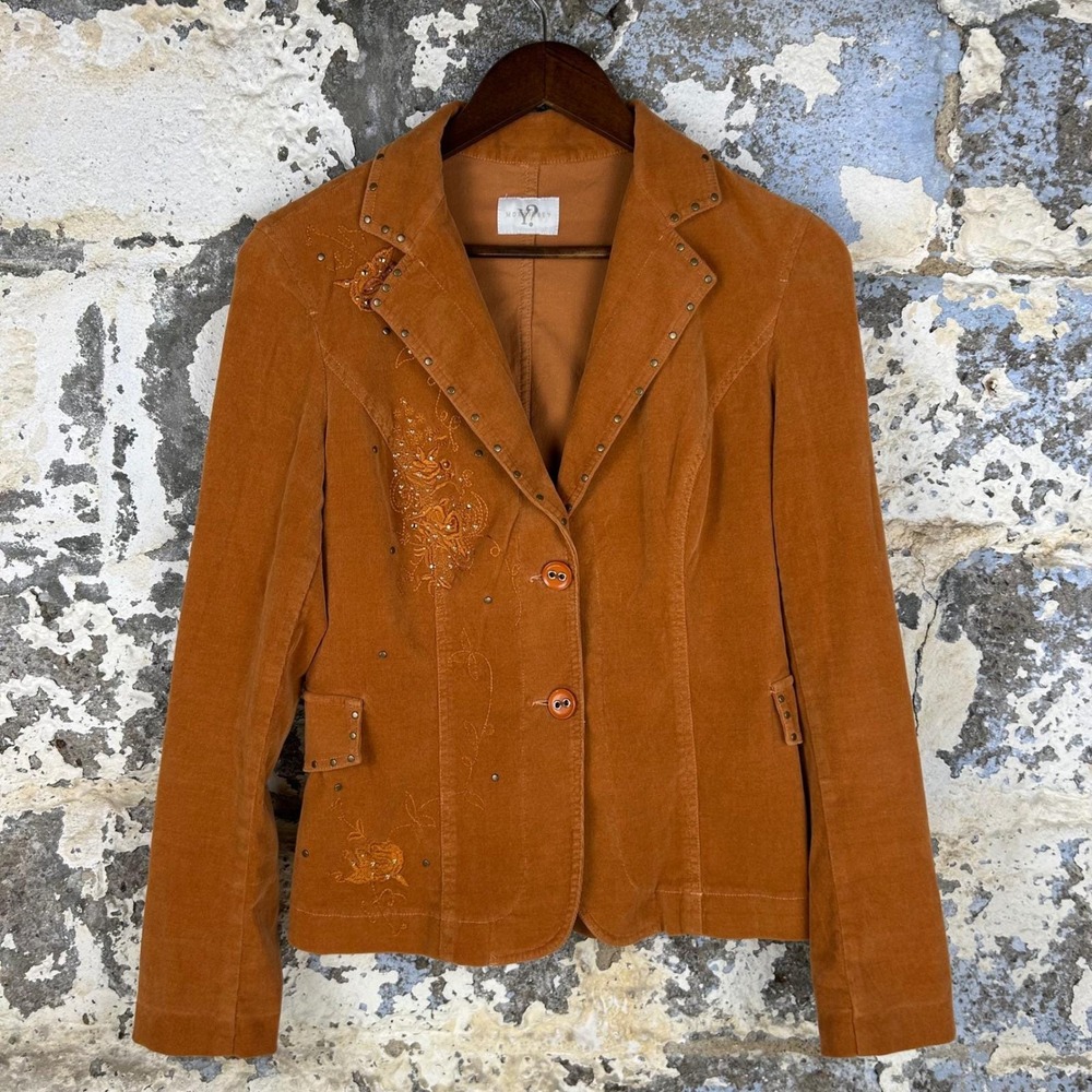 Vintage Morrissey Burnt Orange Corduroy Embroidered Studded Blazer Jacket 10 USA